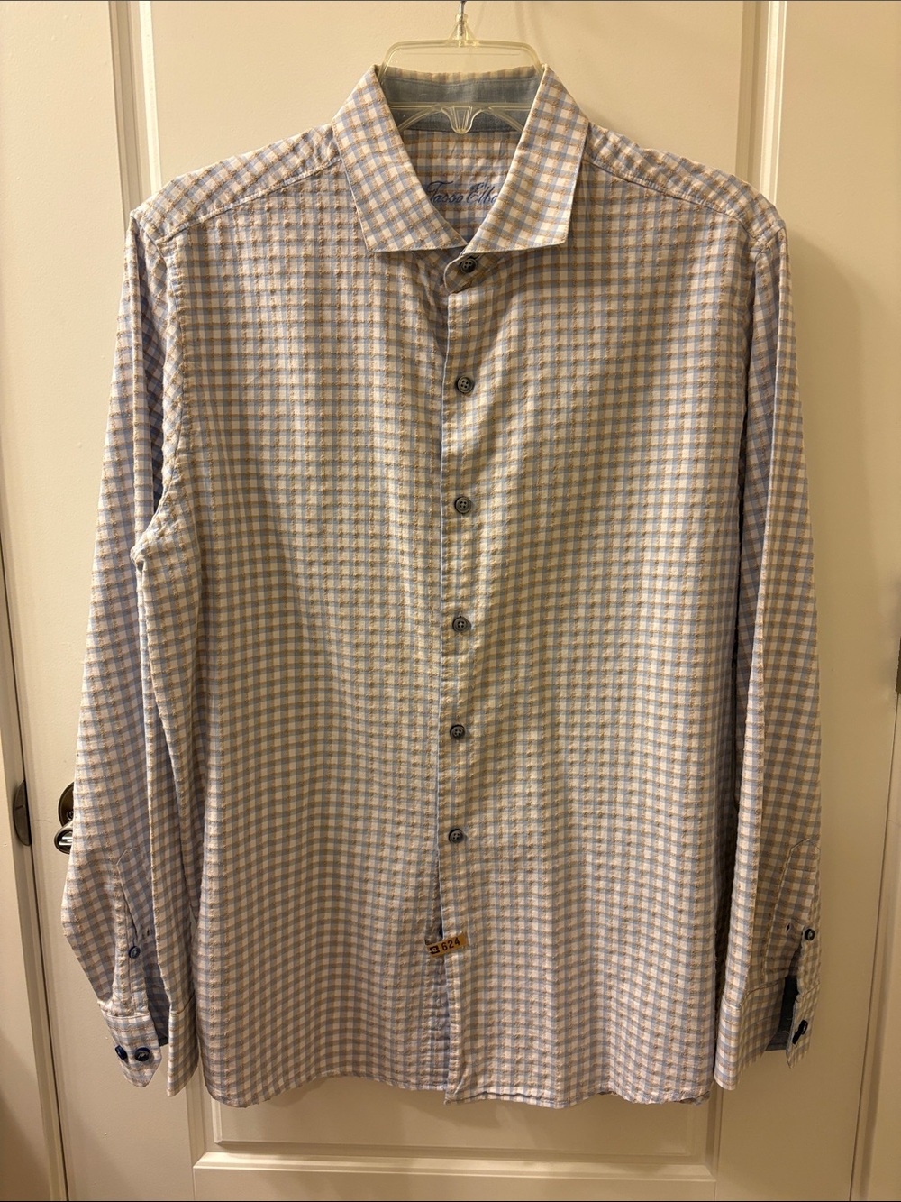 Tasso Elba Light Blue, White, Tan Textured Cotton Checked Dress Shirt L 16-16.5